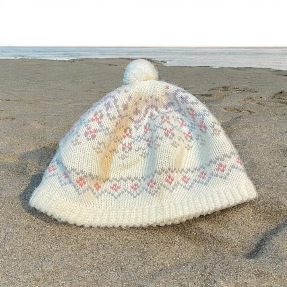 Hansen Vintage Knit Beanie Made in USA Pom Hat Ski Snow Pastel Blue Purple Gift